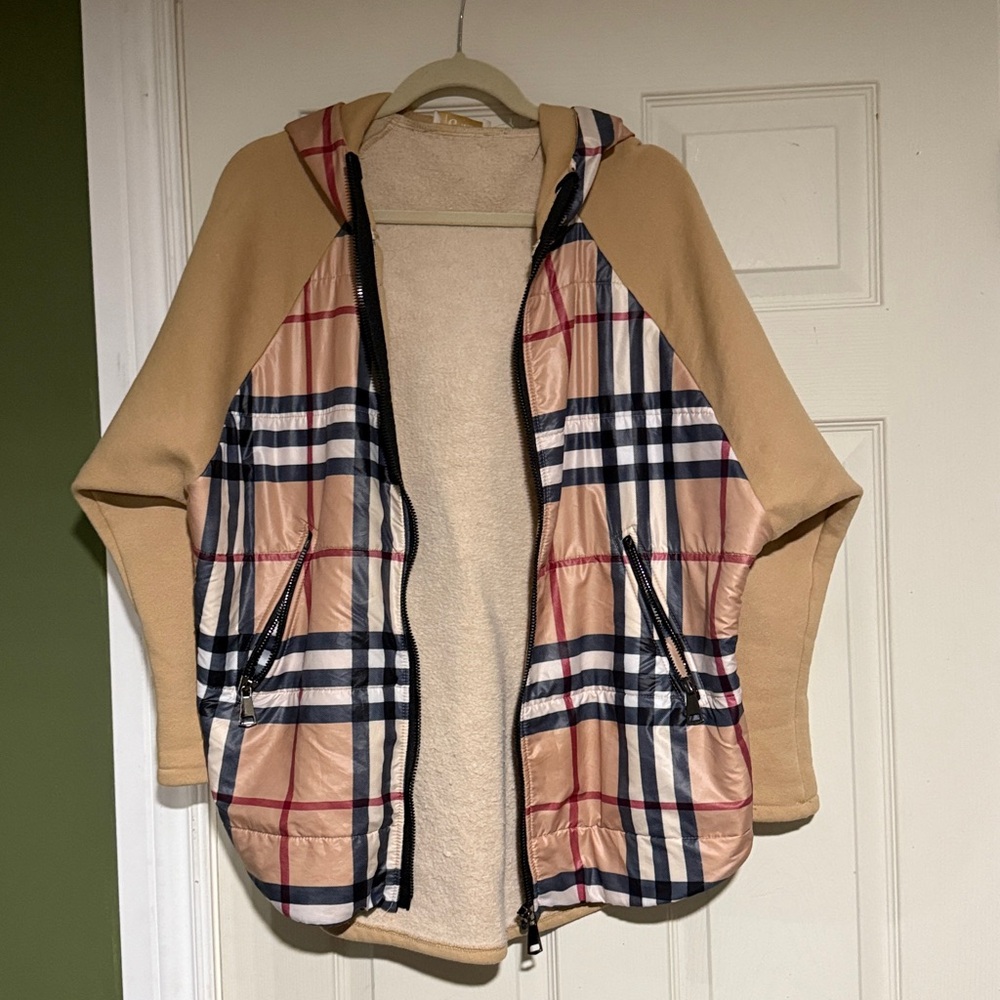 Plaid Hooded Jacket with Tan Sleeves